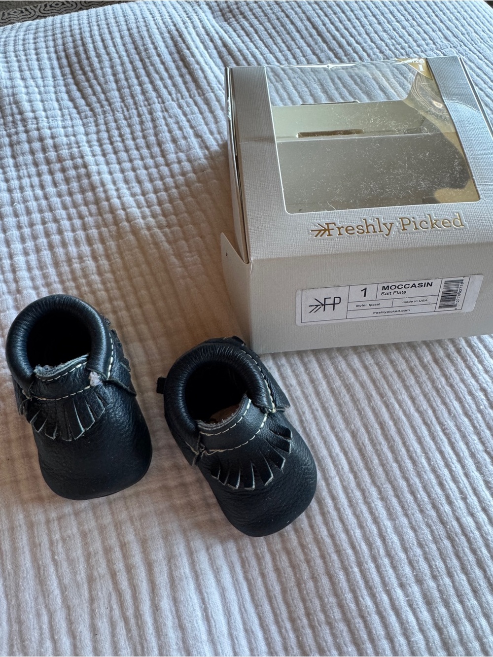 Freshly Picked Navy Leather Fringe Baby Moccasins